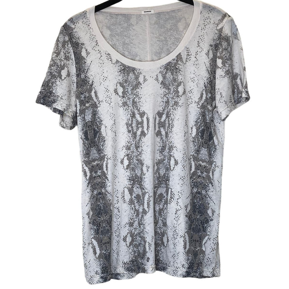 EUC Monrow Snake Print Short Sleeve T-Shirt Cream Contrast Crew Neck Ringer SzXS